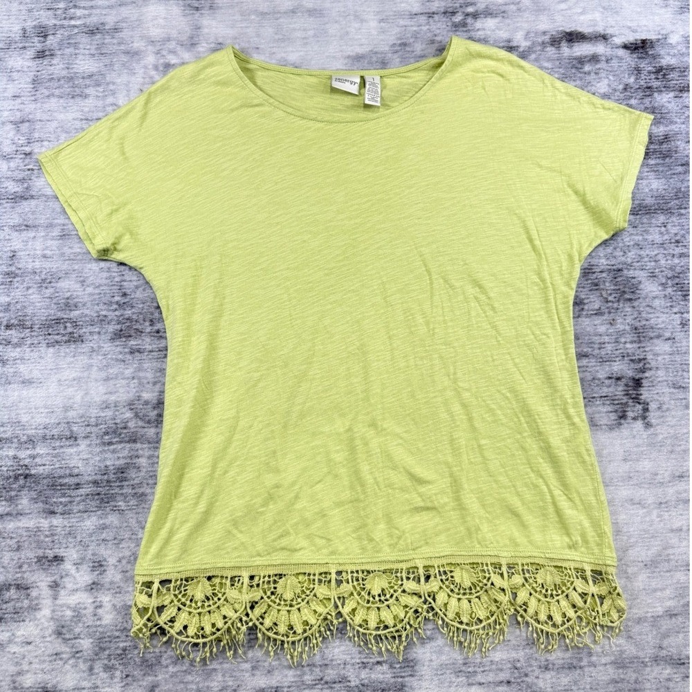 Zenergy by Chicos Lime Green Slub Knit Crochet Lace‎ Trim Top Size 1 Medium